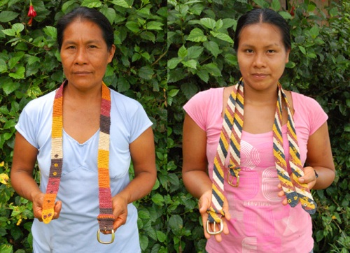 Bora artisans Gisela and Angelina with chambira fiber belts