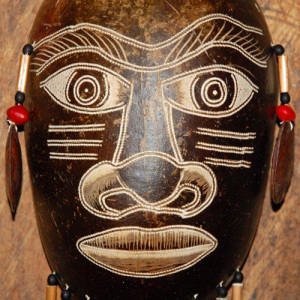 Ceremonial mask made of wingo fruit pod by Bora artisan at Puca Urquillo.  Photo by Campbell Plowden/CACE