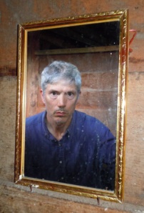 Campbell in bathroom mirror at Pebas.  Photo by C. Plowden/CACE
